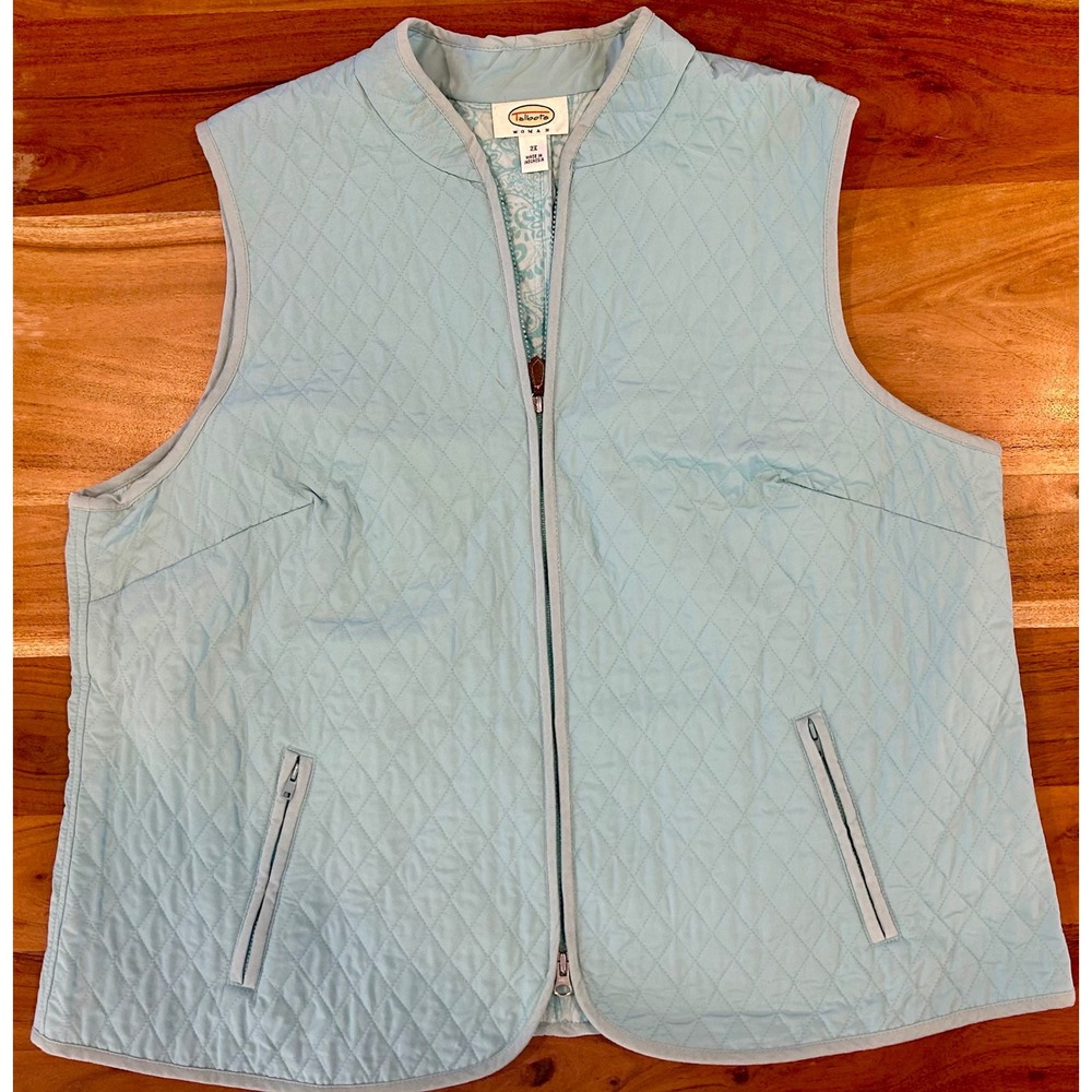 Talbots Woman Quilted Vest Light Blue Paisley Lined Zip Up Mock Neck 2X